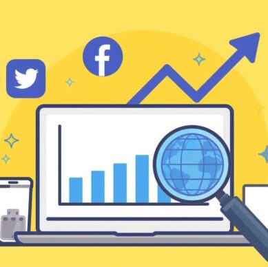 Icons of social media platforms connected to a graph indicating SEO growth