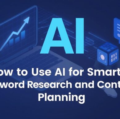 Illustration showing AI tools assisting with keyword research and content strategy planning