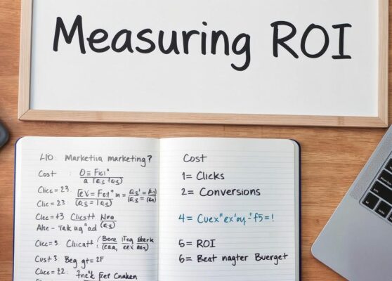 Infographic showing key metrics to measure ROI of paid advertising including cost per click, conversions, ROAS, and customer acquisition cost